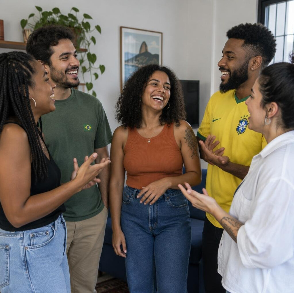 Diverse group of people having a friendly conversation indoors