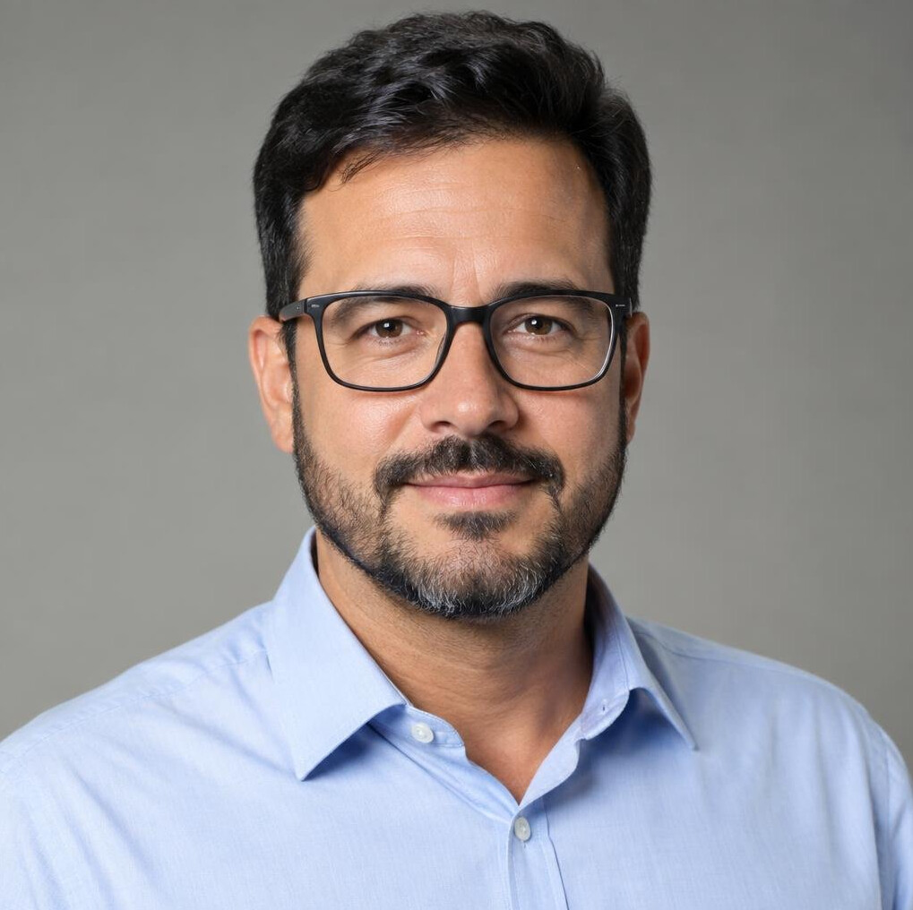 Studio portrait of a Brazilian man wearing glasses