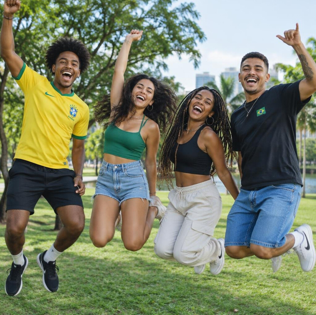 Group of diverse young friends jumping joyfully outdoors