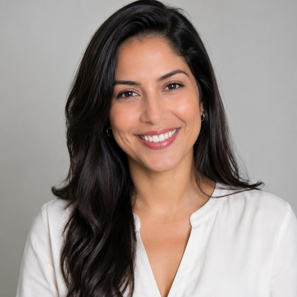 Studio portrait of a smiling Brazilian woman