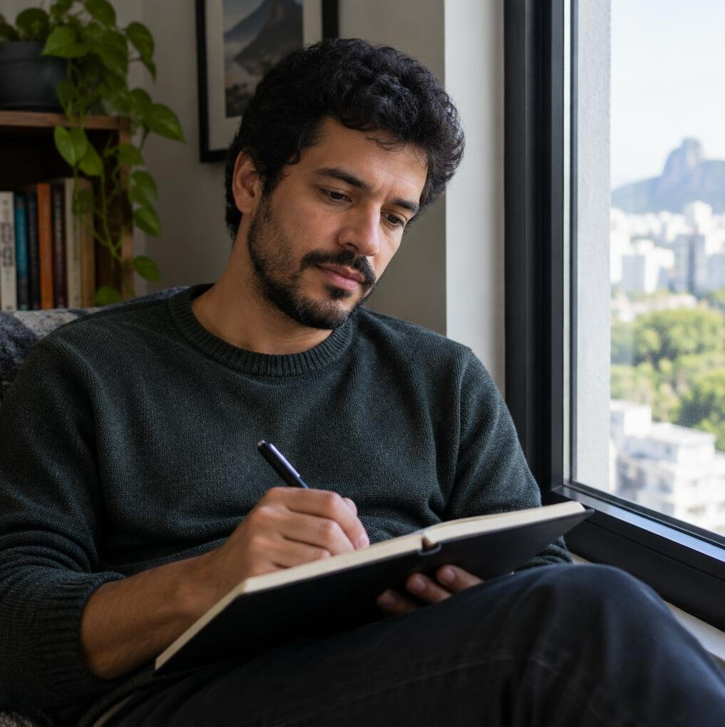 Man sitting alone writing thoughtfully in a notebook
