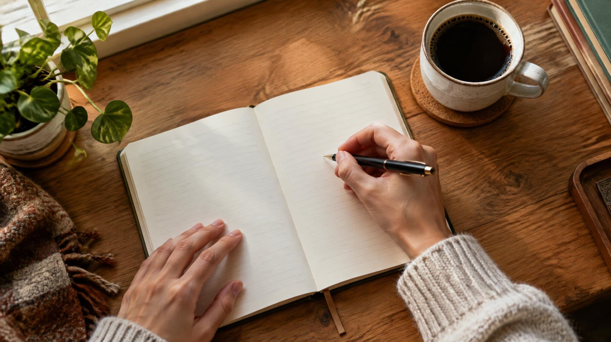 Close-up of hands writing in a notebook beside a cup of coffee