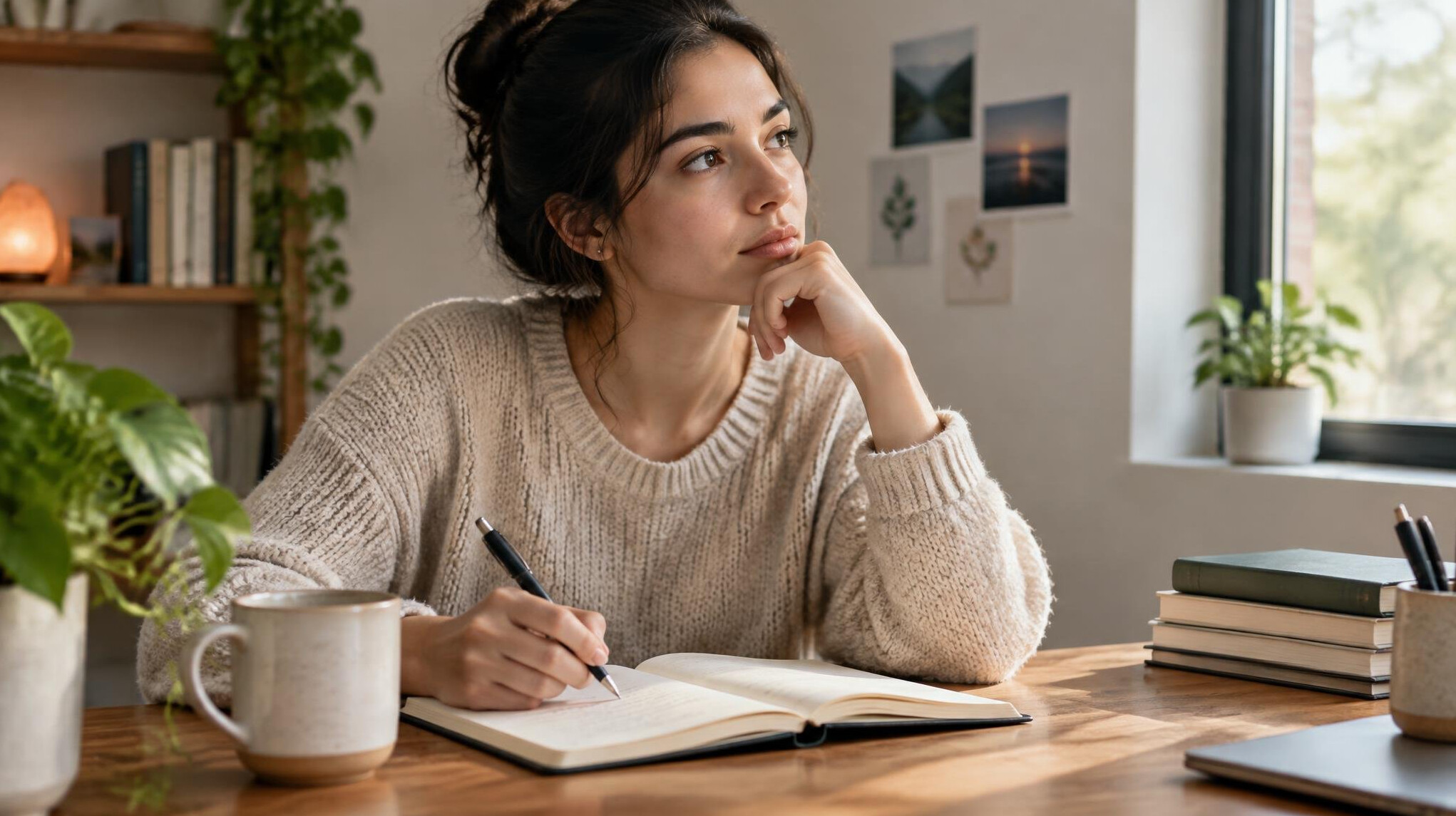 woman writing in journal at desk