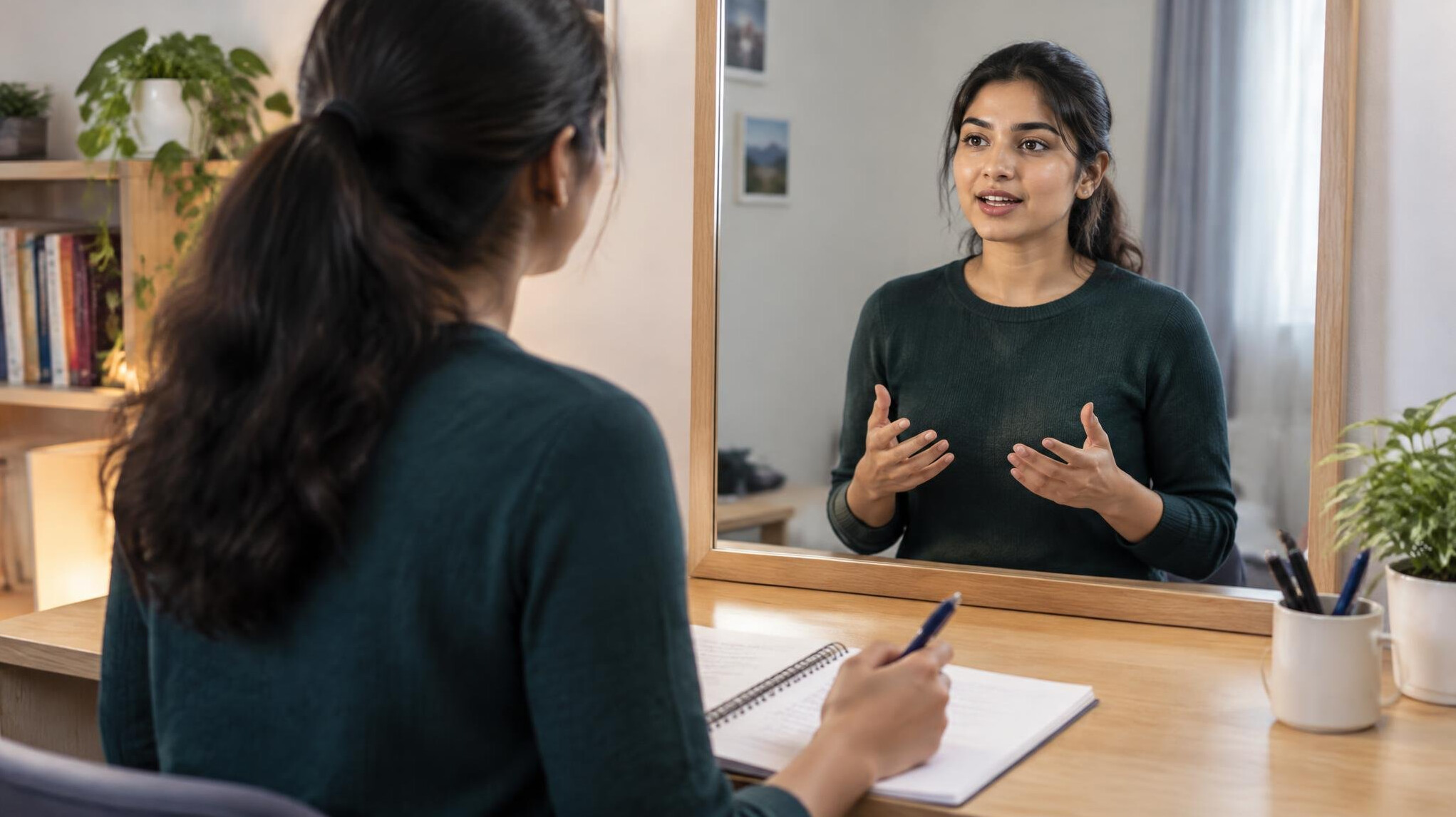 woman practicing speech in mirror