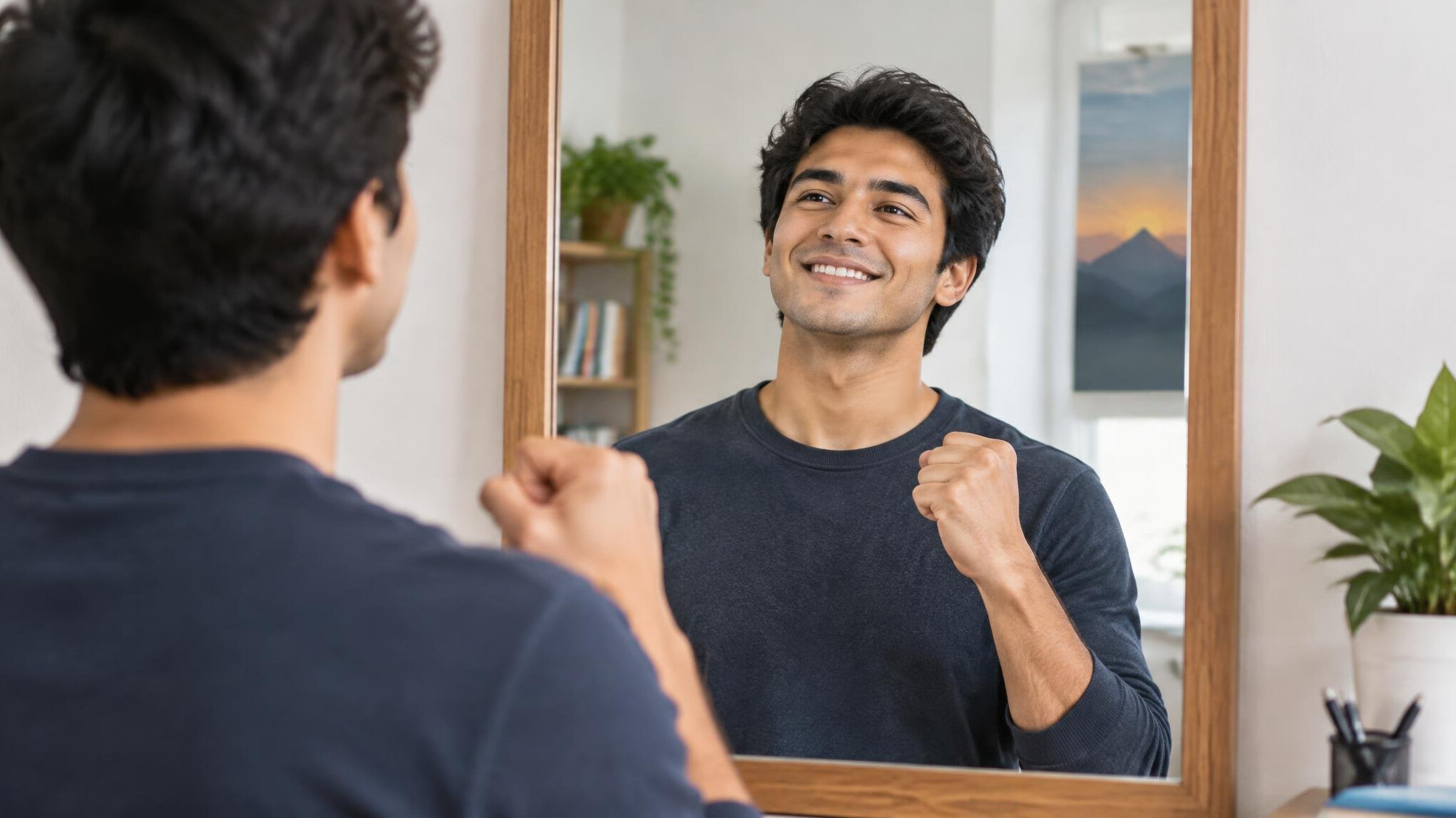 confident person smiling in mirror